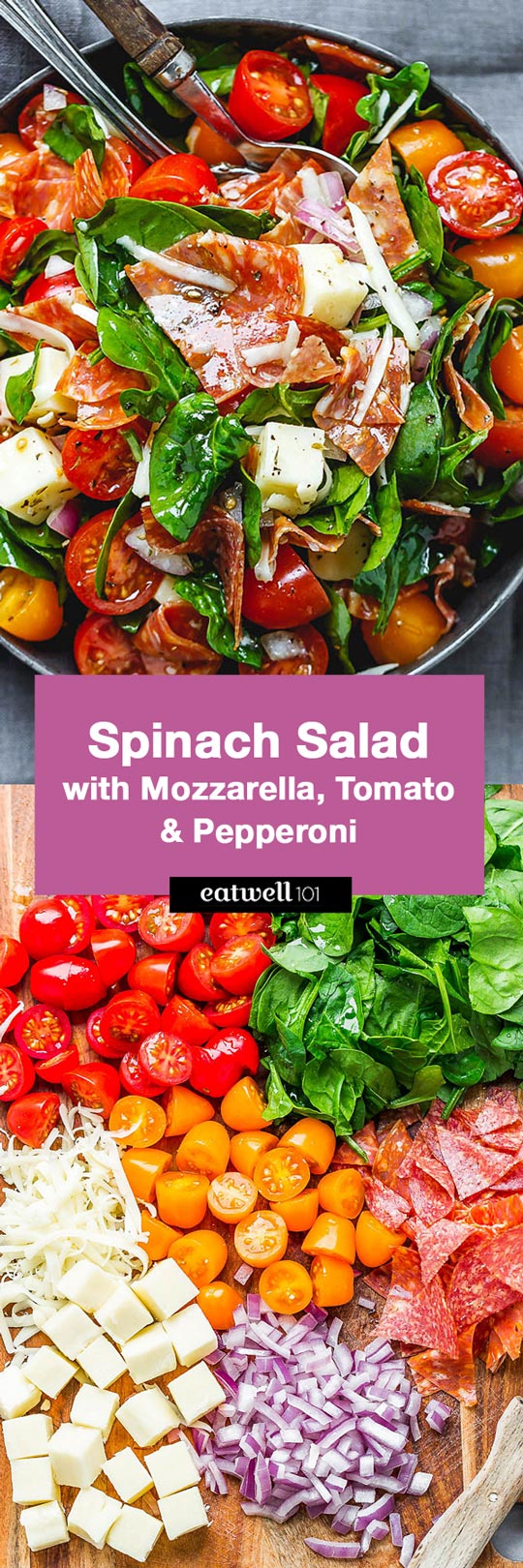 Spinach Salad with Mozzarella, Tomato & Pepperoni - #spinach #salad #recipe #eatwell101 - Healthy and delicious, this spinach salad is so simple and perfect for a quick lunch.
