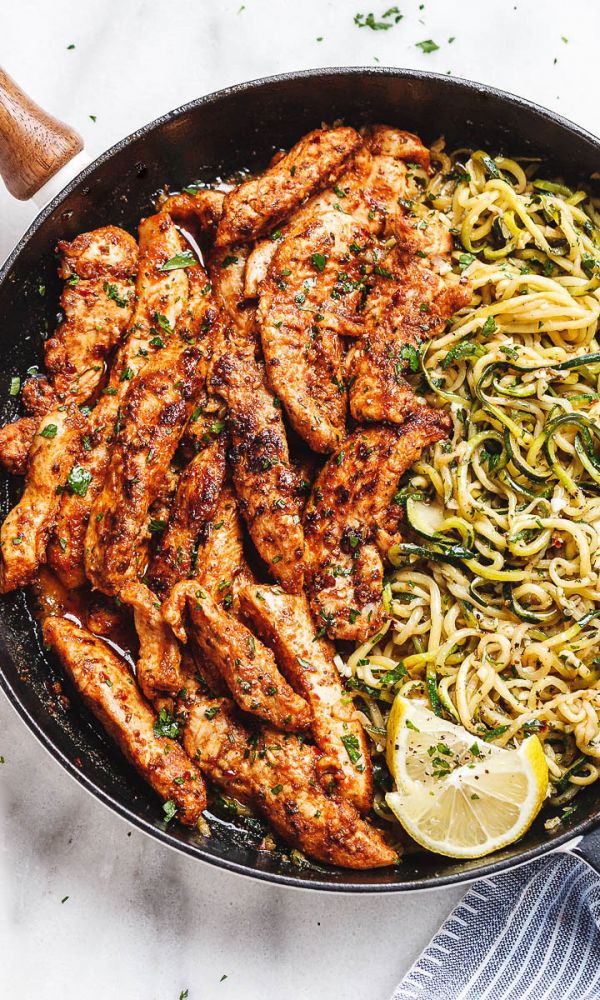 Taco Chicken Tenders with Lemon Garlic Butter Zucchini Noodles
