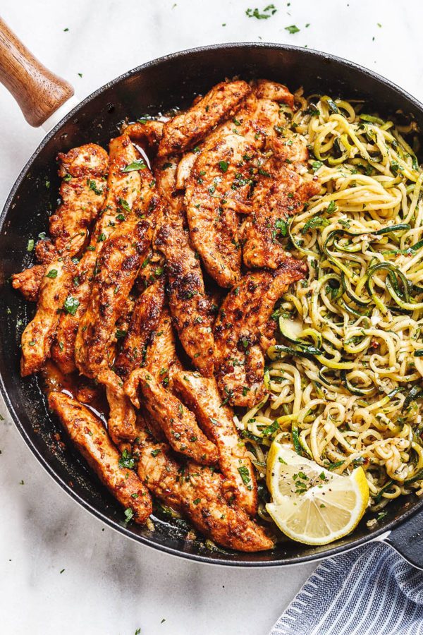 Taco Chicken Tenders with Lemon Garlic Butter Zucchini Noodles - #recipe by #eatwell101 - https://www.eatwell101.com/taco-chicken-tenders-recipe