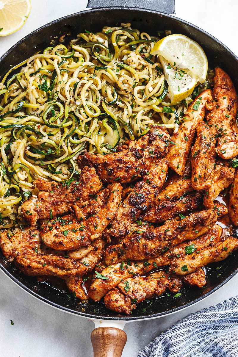 Taco Chicken Tenders with Lemon Zucchini Noodles - #eatwell101 #recipe #keto #paleo #lowcarb #glutenfree - Incredibly flavorful and juicy Taco Chicken Bites are a perfect dinner for the busiest of weeknights.