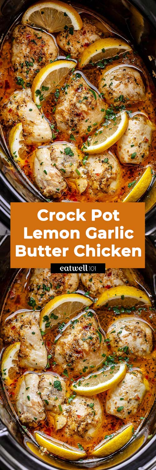 Crock Pot Lemon Garlic Butter Chicken thighs- #eatwell101 #recipe - Easy and delicious crock pot chicken dinner recipe with outstanding flavor! #crockpot #chicken #dinner #recipe, chicken in crock pot, chicken crockpot recipe, slow cooker chicken recipe, chicken in #slow-cooker