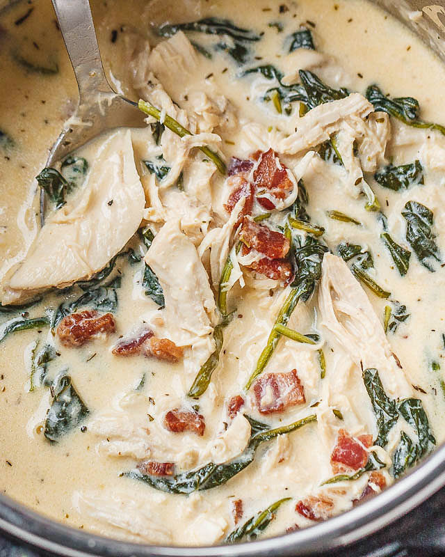 Instant Pot Crack Chicken Spinach Soup with Cream Cheese and Bacon - #recipe by #eatwell101 - https://www.eatwell101.com/instant-pot-crack-chicken-soup-recipe