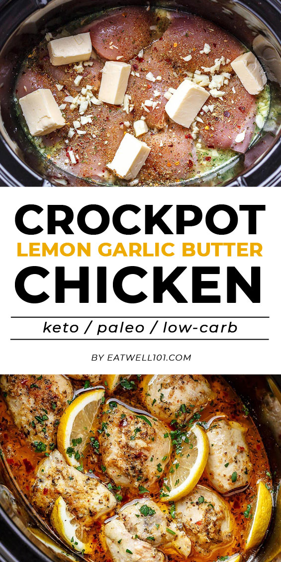 Crock Pot Chicken thighs with Lemon Garlic Butter - #eatwell101 #recipe - Easy and delicious crock pot chicken dinner recipe with outstanding flavor! #crockpot #chicken #dinner #recipe, chicken in crock pot, chicken crockpot recipe, slow cooker chicken recipe, chicken in #slow-cooker