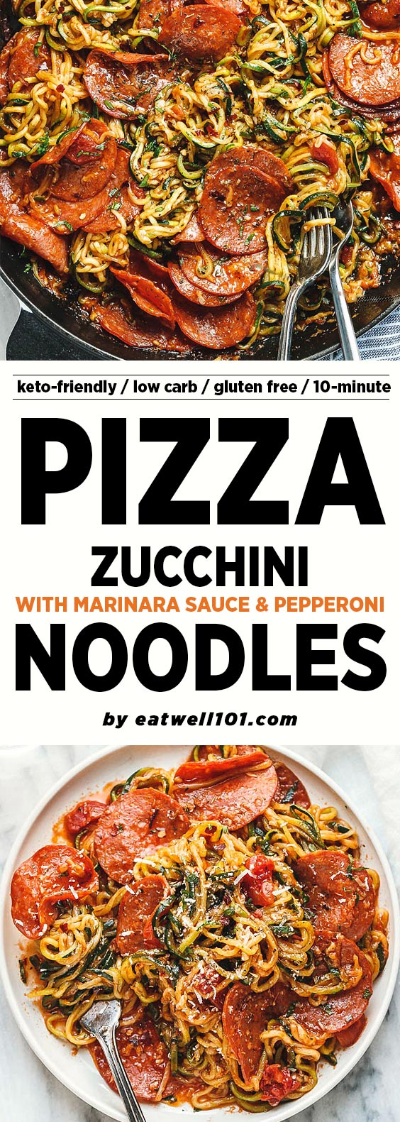 10-Minute Pizza Zucchini Noodles with Marinara Sauce & Pepperoni - #eatwell101 #recipe #keto #lowcarb #paleo #glutenfree - A complete keto /  low carb meal you'll feel great about eating! Juicy, savory, and so delish!