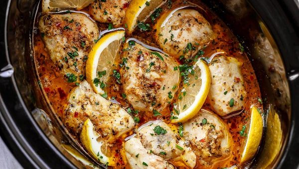 Crock Pot Lemon Garlic Butter Chicken - #recipe by #eatwell101 - https://www.eatwell101.com/crock-pot-lemon-garlic-butter-chicken-recipe