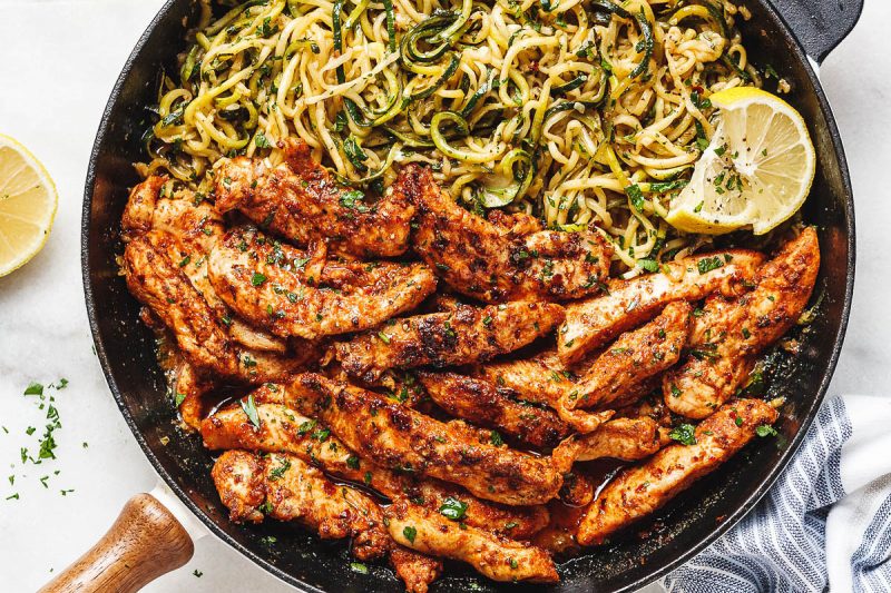 Taco Chicken Tenders with Lemon Garlic Butter Zucchini Noodles - #recipe by #eatwell101 - https://www.eatwell101.com/taco-chicken-tenders-recipe
