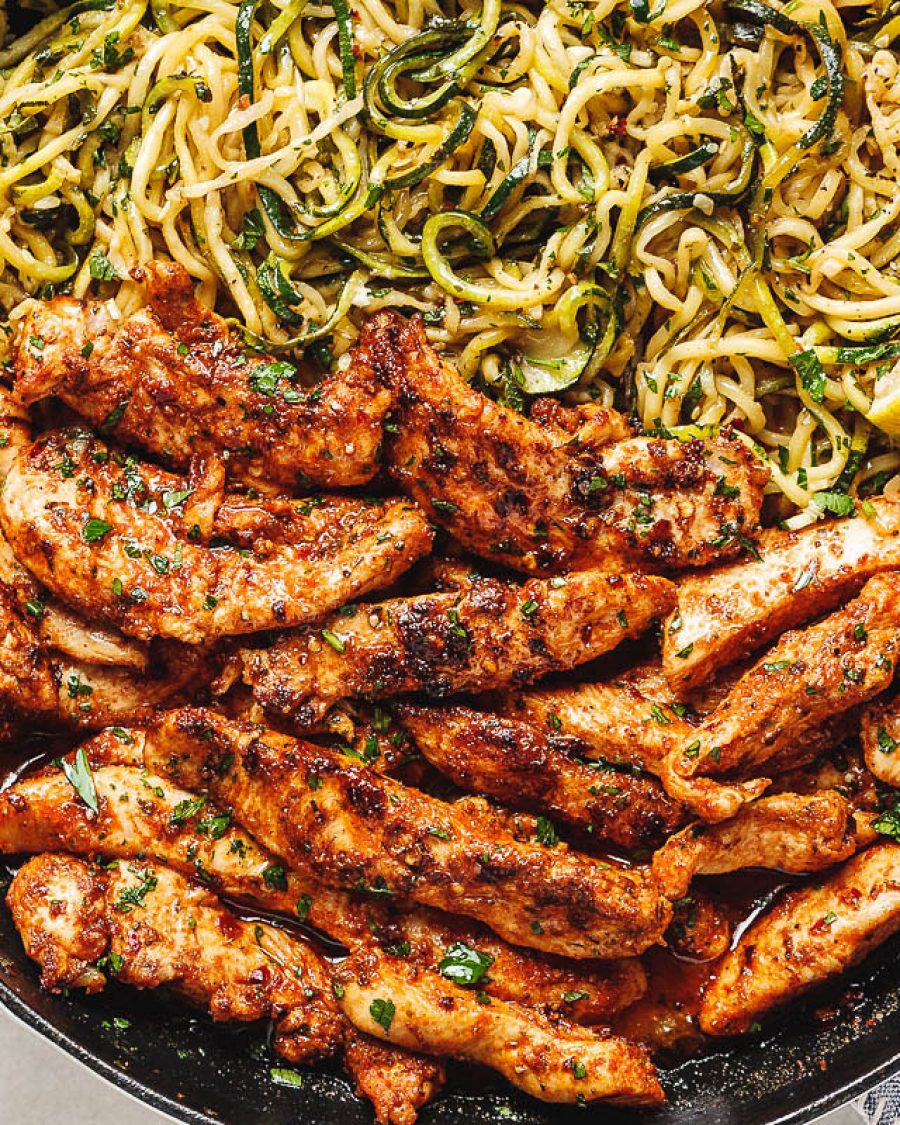 Taco Chicken Tenders with Lemon Garlic Butter Zucchini Noodles - #recipe by #eatwell101 - https://www.eatwell101.com/taco-chicken-tenders-recipe