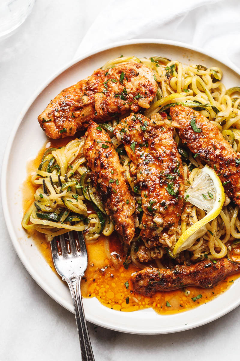 Taco Chicken Tenders with Lemon Zucchini Noodles - #eatwell101 #recipe #keto #paleo #lowcarb #glutenfree - Incredibly flavorful and juicy Taco Chicken Bites are a perfect dinner for the busiest of weeknights.
