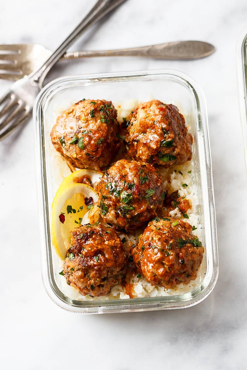 Garlic Butter Chicken Meatballs with Caulifower Rice Meal Prep