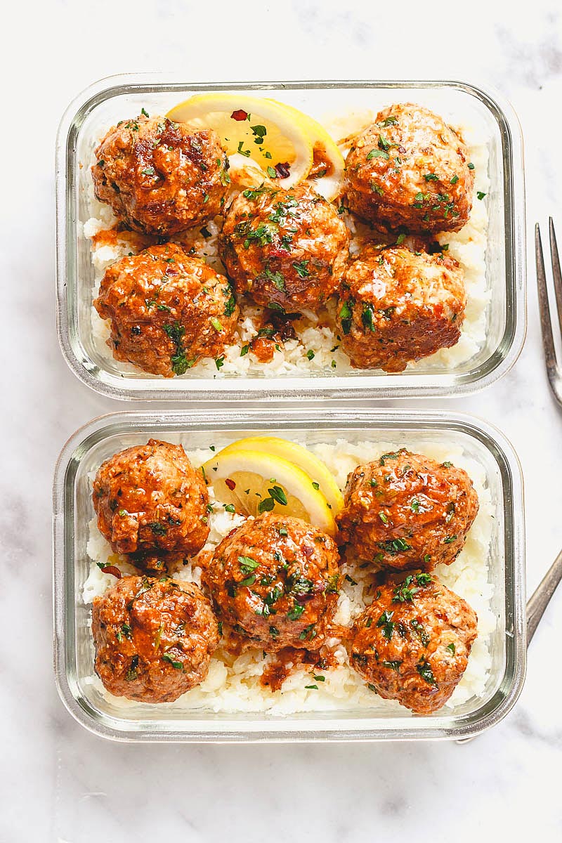 Meal Prep Garlic Butter Chicken Meatballs with Cauliflower Rice