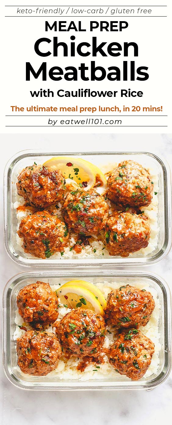Garlic Butter Chicken Meatballs with Cauliflower Rice Meal Prep - #mealprep #recipe #eatwell101 - Cheesy, juicy and so flavorful! Chicken meatballs are easy to put together for the ultimate meal prep lunch.