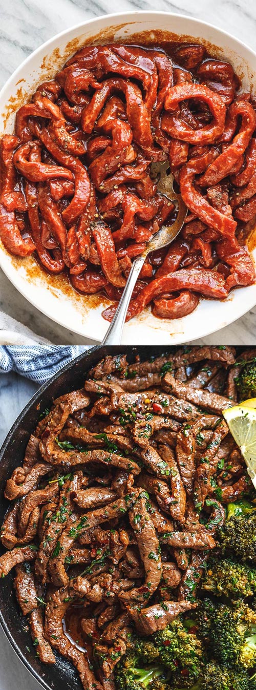 Lemon Garlic Butter Steak with Broccoli Skillet - #steak #recipe #eatwell101 - Tender and juicy pan-seared garlic butter steak strips make a quick and delicious meal for any day of the week!