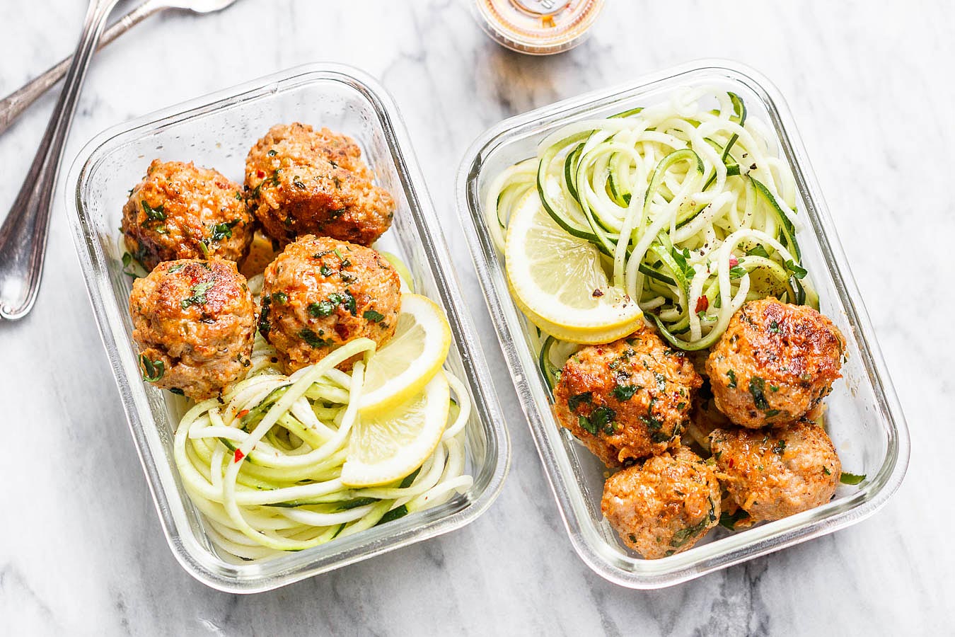Meal Prep Garlic Butter Chicken Meatballs with Zucchini Noodles