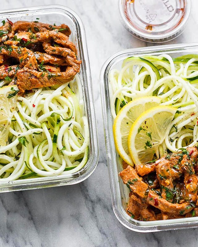 15 Minute Meal Prep Garlic Butter Steak with Zucchini Noodles - #recipe by #eatwell101 - https://www.eatwell101.com/meal-prep-garlic-butter-steak-with-zucchini-noodles