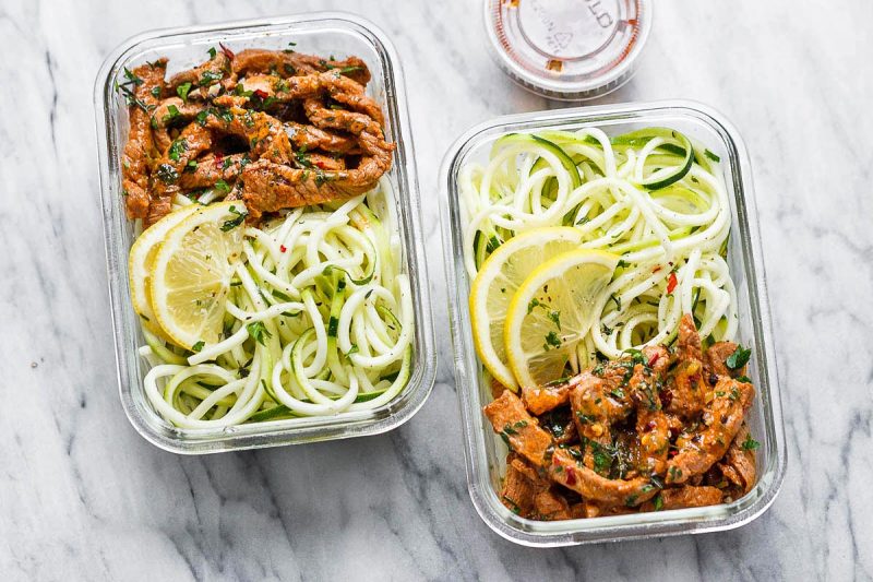 15 Minute Meal Prep Garlic Butter Steak with Zucchini Noodles - #recipe by #eatwell101 - https://www.eatwell101.com/meal-prep-garlic-butter-steak-with-zucchini-noodles