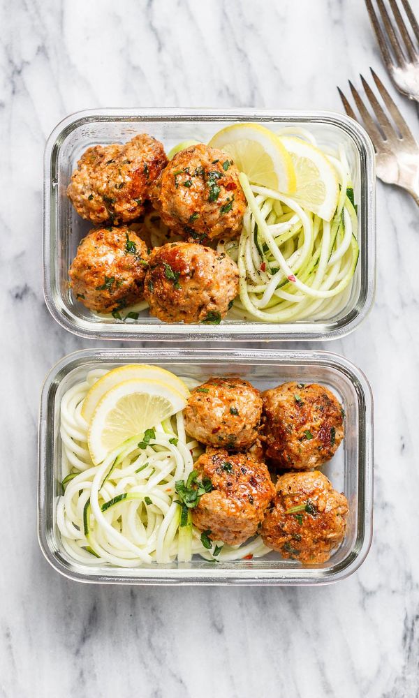 Meal Prep Garlic Butter Chicken Meatballs with Zucchini Noodles