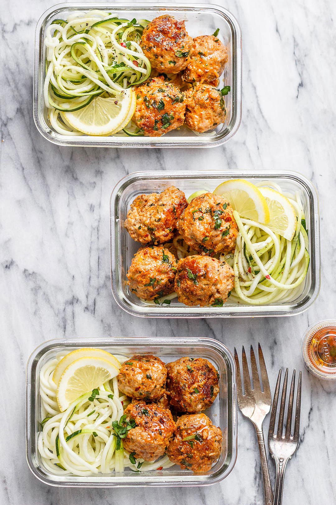 Meal Prep Garlic Butter Chicken Meatballs Recipe with Zucchini Noodles