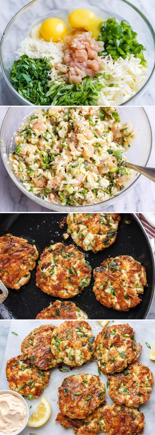 Cheesy Chicken Fritters - #chicken #keto #recipe #eatwell101 - Tender, juicy and so flavorful. If you love easy chicken recipes, these chicken fritters are a perfect Keto meal. 