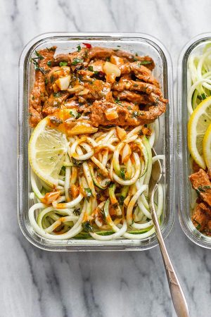 15 Minute Meal Prep Garlic Butter Steak with Zucchini Noodles