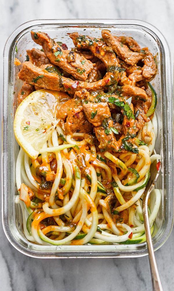 15 Minute Meal Prep Garlic Butter Steak with Zucchini Noodles