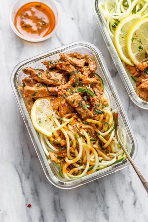 15 Minute Meal Prep Garlic Butter Steak with Zucchini Noodles