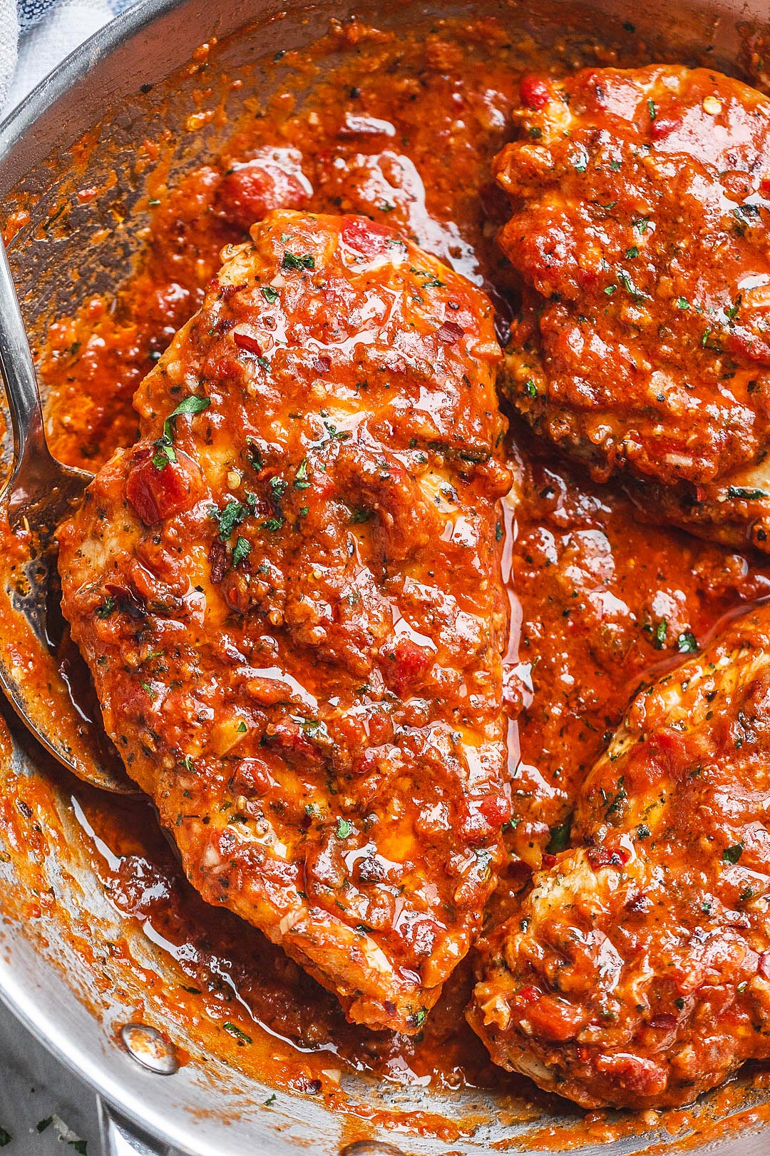 Skillet Chicken Recipe in Garlic Butter Parmesan Roasted Pepper Sauce