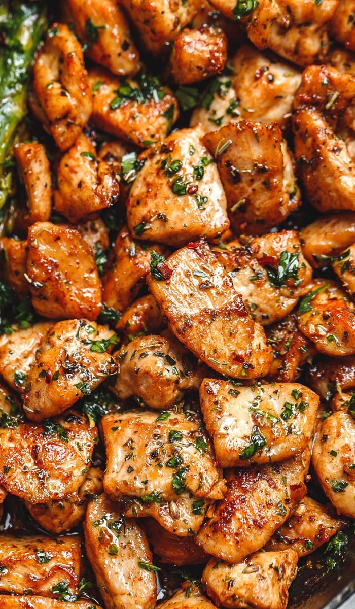 Garlic Butter Chicken Bites with  Asparagus