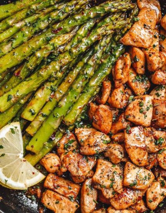 Garlic Butter Chicken Bites with Lemon Asparagus