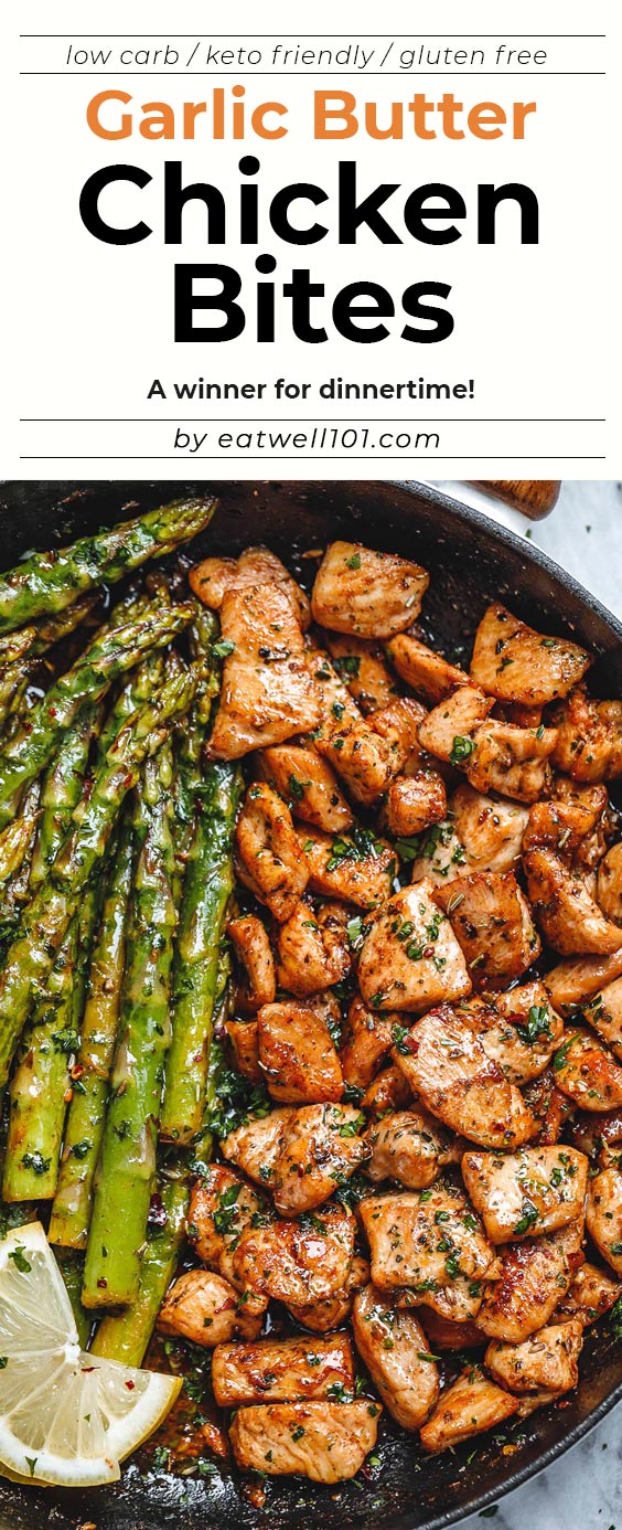 Garlic Butter Chicken Bites and Lemon Asparagus - #chicken #recipe #eatwell101 - So much flavor and so easy to throw together, this chicken and asparagus recipe is a winner for dinnertime!