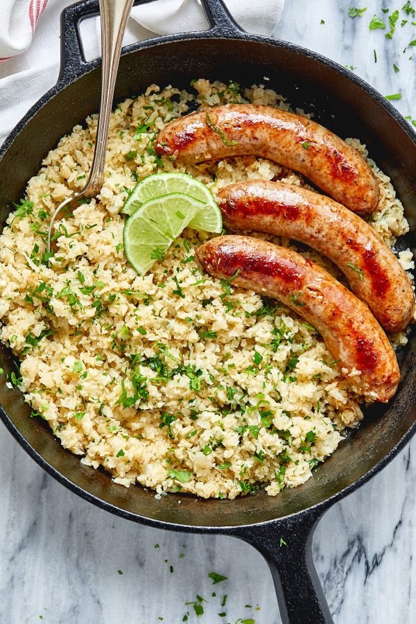 Italian Sausage with Cilantro Lime Cauliflower Rice - #recipe by #eatwell101 - https://www.eatwell101.com/sausage-cilantro-lime-cauliflower-rice-skillet-recipe