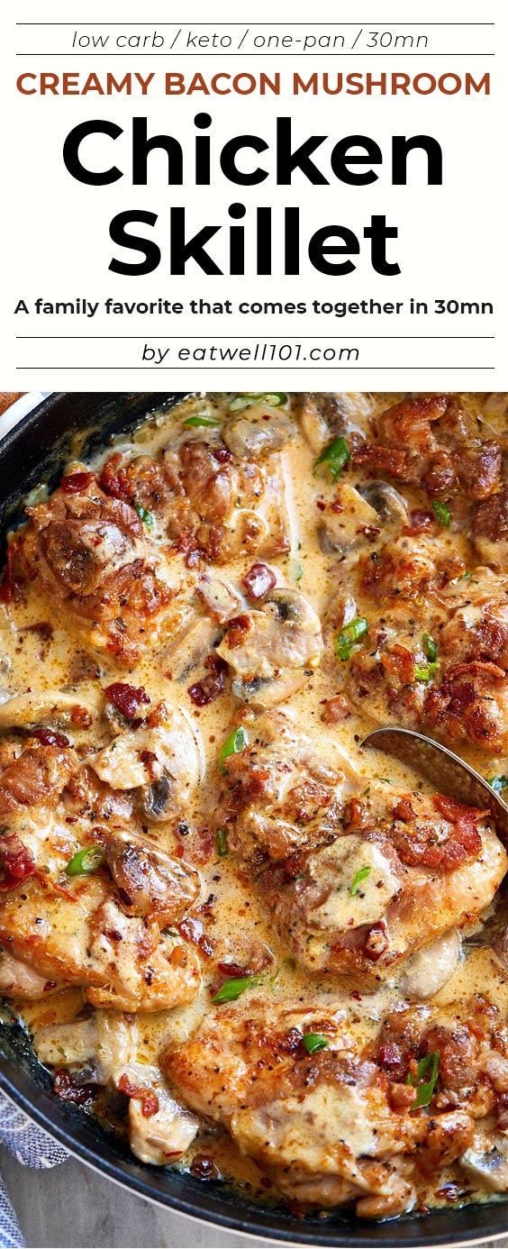 Creamy Mushroom Chicken Skillet with Bacon - #chicken #keto #mushroom #eatwell101 #recipe - All of the delicious flavors of cream, mushroom, and bacon are packed into this delicious chicken dinner recipe! 
