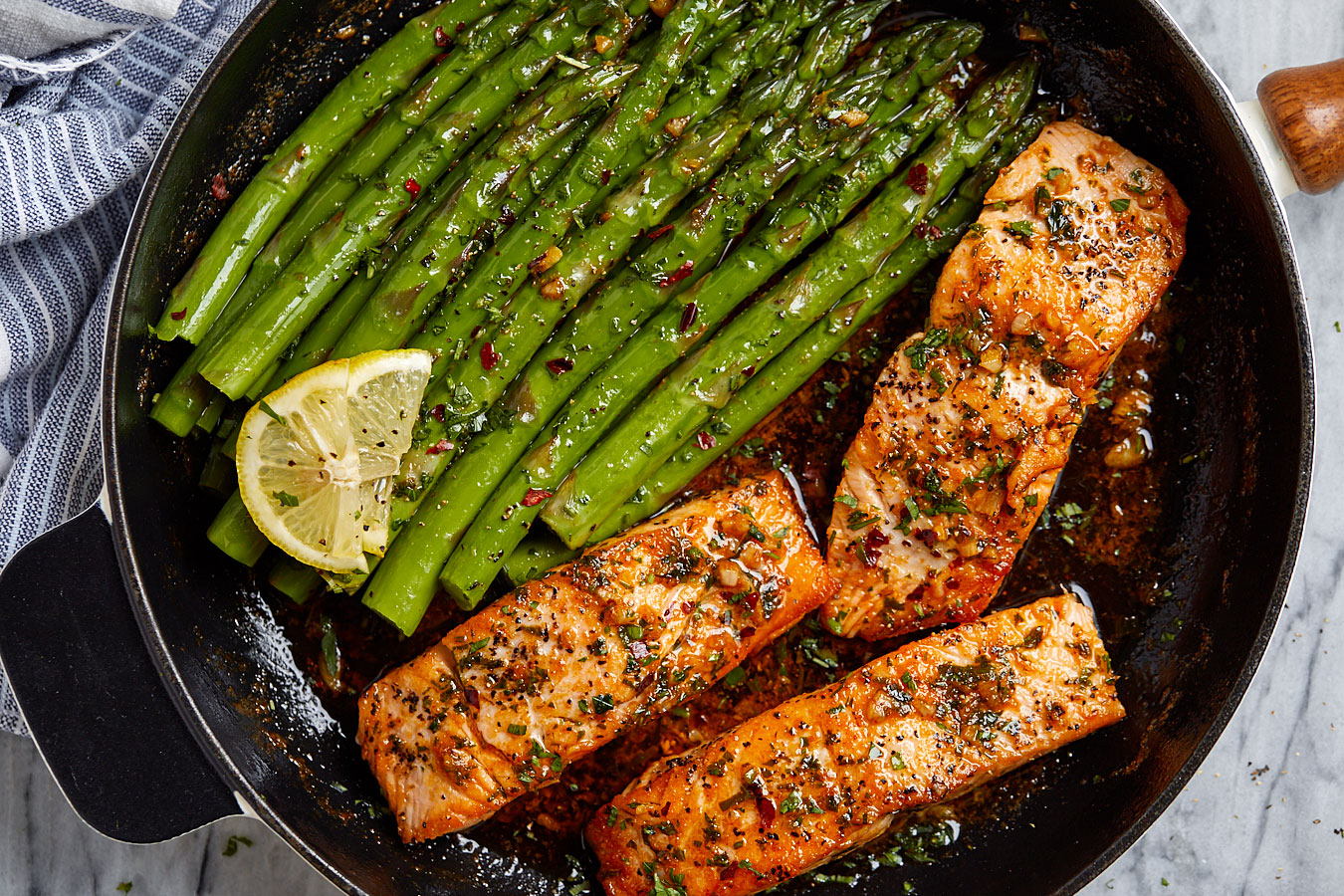 Garlic Butter Salmon with Lemon Asparagus Skillet