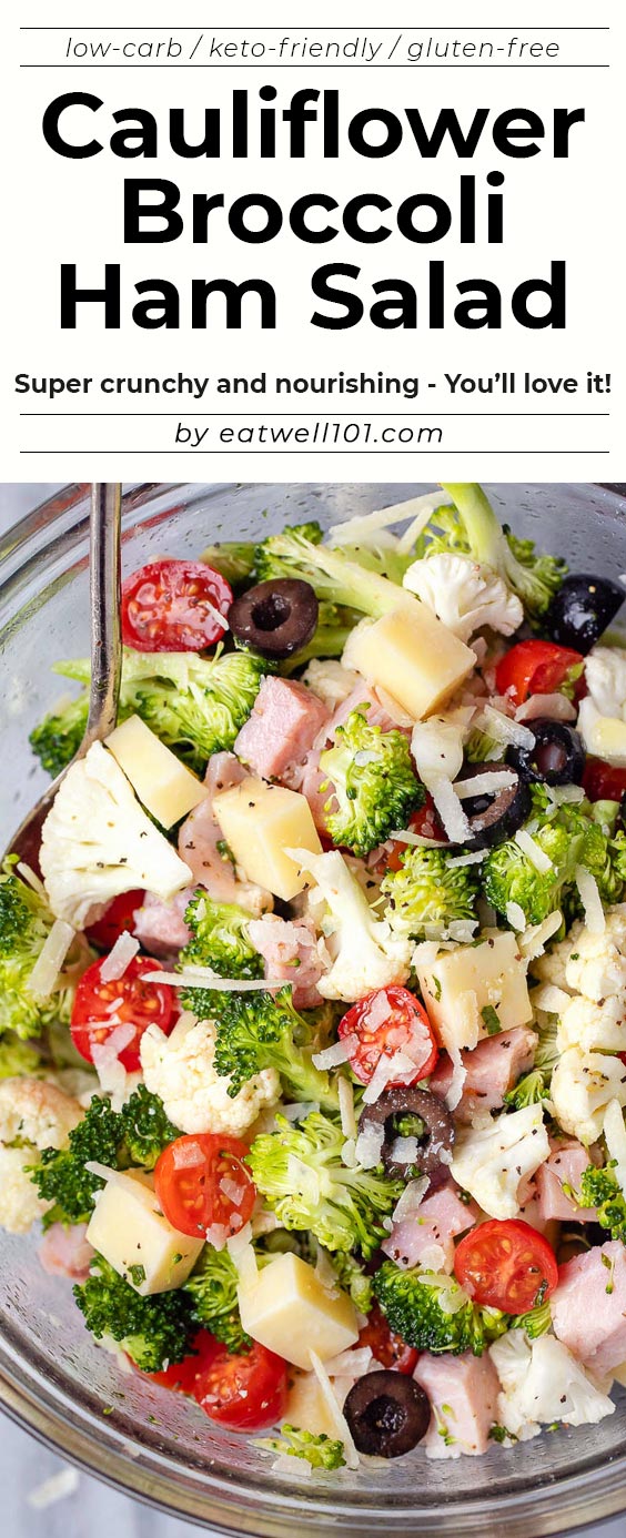 Cauliflower Broccoli Ham Salad - #keto #lowcarb #salad #eatwell101 #recipe - Super crunchy and nourishing! If you're looking for new low carb or keto recipes, you'll love this Broccoli Cauliflower Salad that’s tossed in a tangy savory dressing.