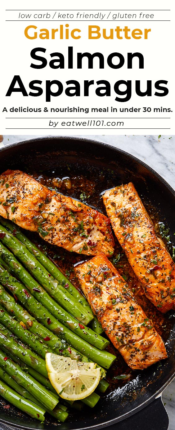 Garlic Butter Salmon with Lemon Asparagus Skillet - #salmon #asparagus #keto #recipe #eatwell101 - Healthy, tasty, simple and quick to cook, this salmon and asparagus recipe will have you enjoy a delicious and nutritious dinner. 