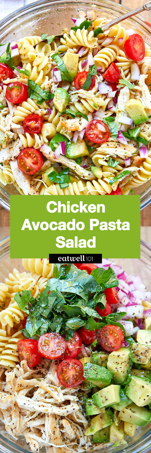 Healthy Chicken Pasta Salad - #chicken #salad #eatwell101 #recipe - Packed with flavor, protein and veggies! This healthy chicken pasta salad is loaded with tomatoes, avocado, and fresh basil.