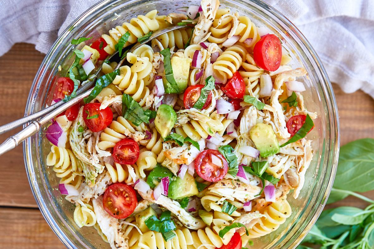Healthy Chicken Pasta Salad with Avocado, Tomato