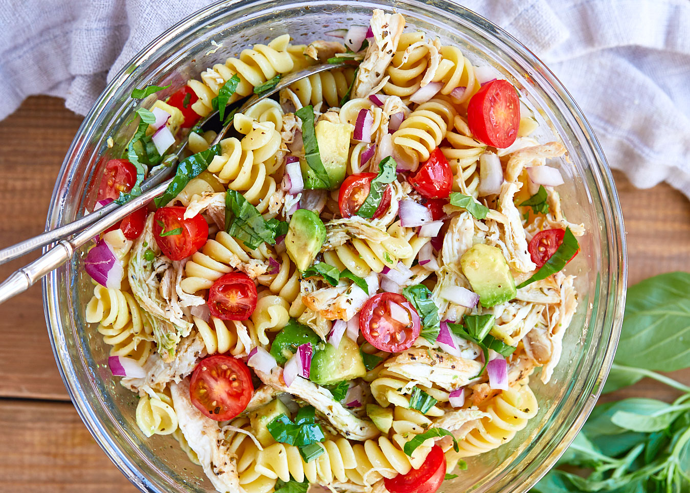 Healthy Chicken Pasta Salad with Avocado, Tomato, and Basil 