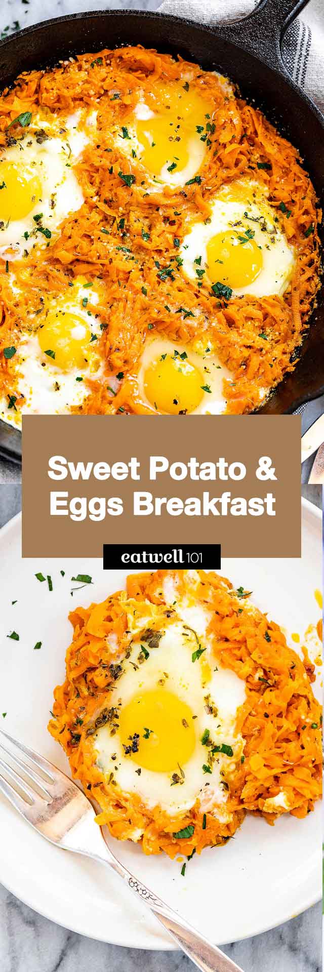 Garlic Parmesan Sweet Potato Eggs Breakfast - #sweetpotato #breakfast #eatwell101 #recipe - These hearty, sweet, and savory sweet potato hash browns are made all in one pan and perfect for your breakfast!