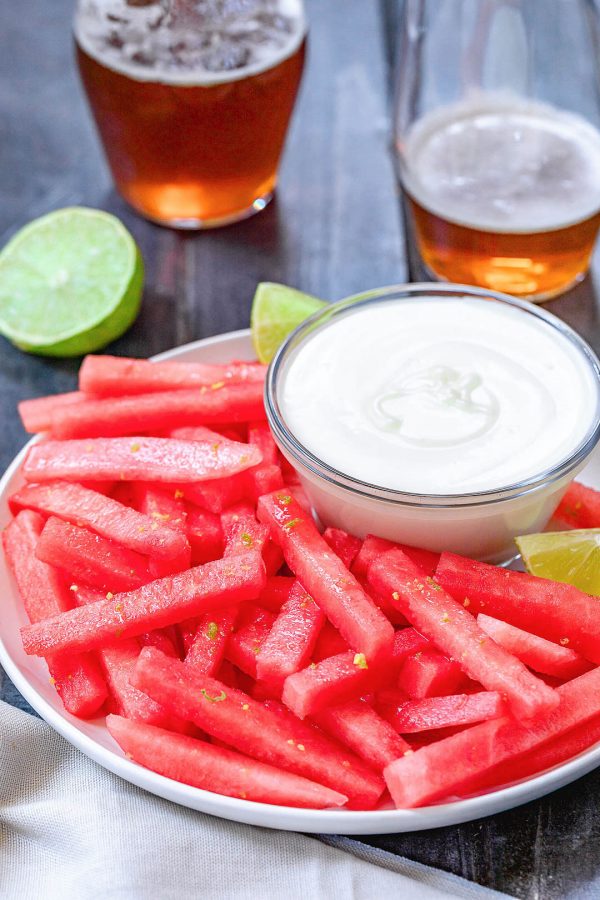 Watermelon Fries with Cream Cheese Marshmallow Dip - #recipe by #eatwell101 - https://www.eatwell101.com/watermelon-fries-recipe-with-cream-cheese-marshmallow-dip