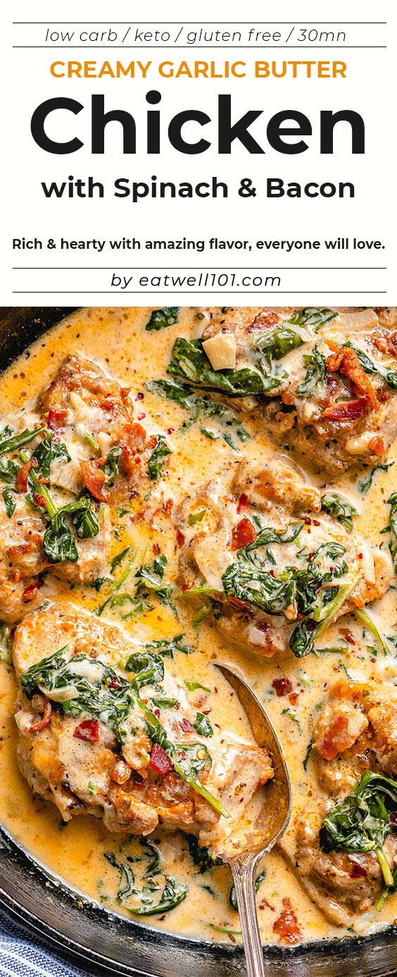 Garlic Butter Chicken with Creamy  Spinach and Bacon - #chicken #recipe #eatwell101 - Rich, creamy, and hearty, everyone will love this easy chicken recipe with amazing flavor.