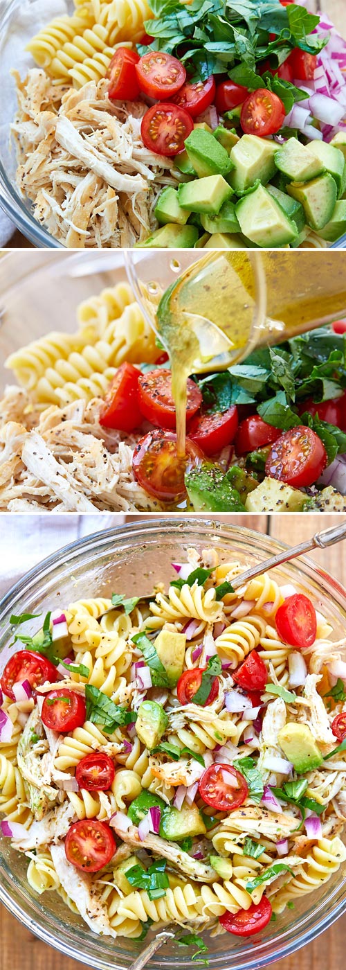 Healthy Chicken Pasta Salad - #chicken #salad #eatwell101 #recipe - Packed with flavor, protein and veggies! This healthy chicken pasta salad is loaded with tomatoes, avocado, and fresh basil.