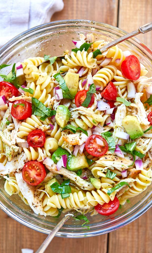 Healthy Chicken Pasta Salad with Avocado, Tomato