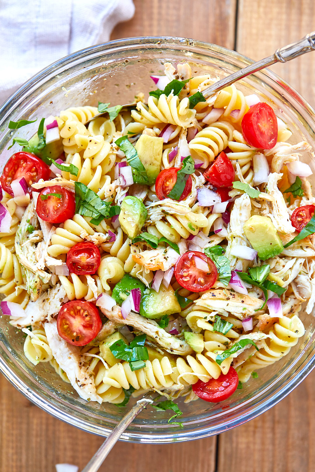 Chicken Pasta Salad with Avocado, Tomato, and Basil  - Picnic Salads