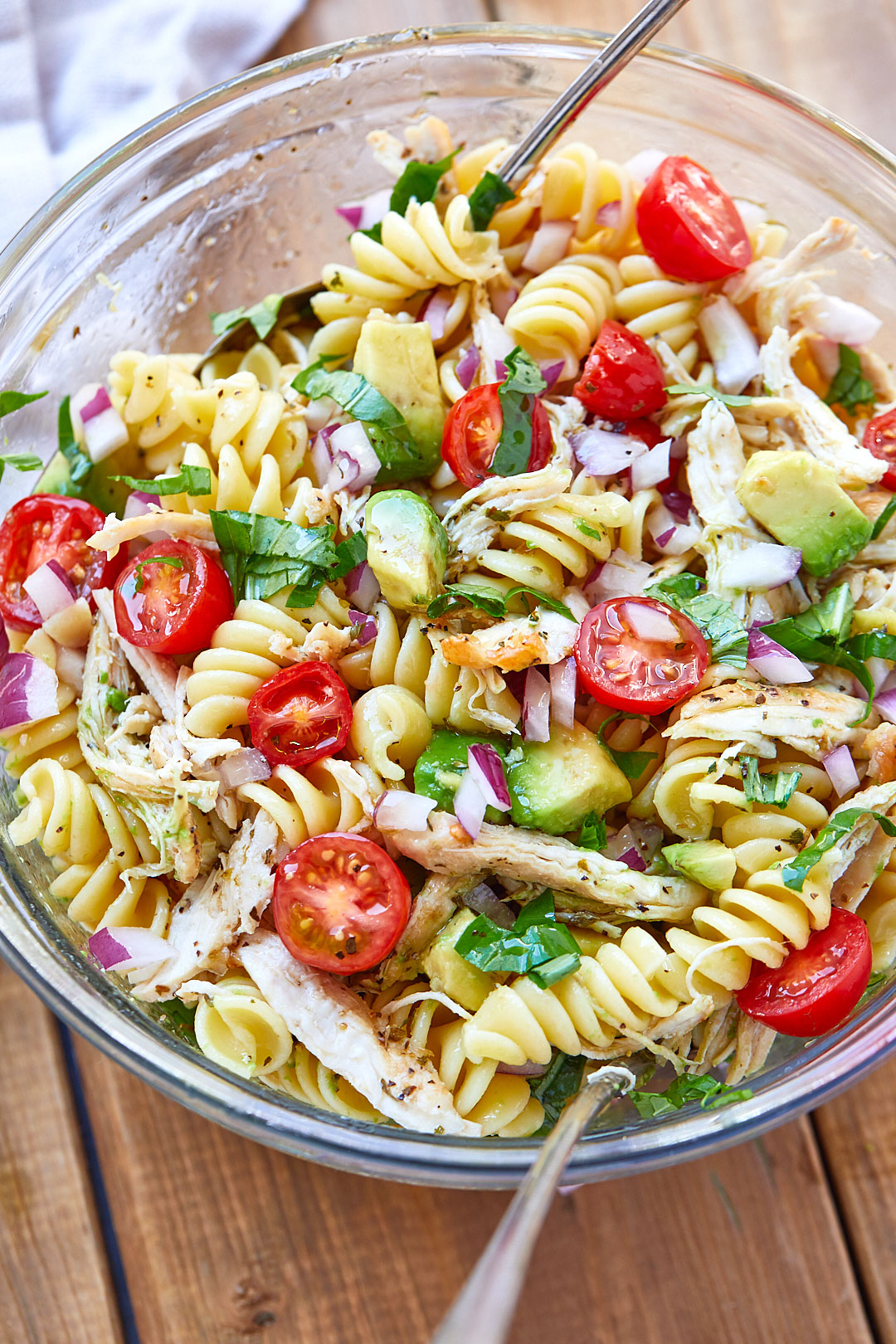 Healthy Chicken Pasta Salad with Avocado, Tomato, and Basil