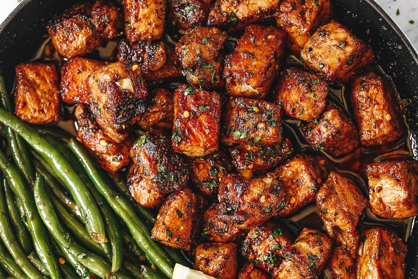 Garlic Butter Pork Bites with Lemon Green Beans