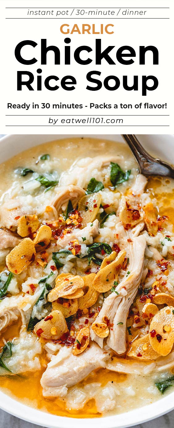 Garlic Chicken Rice Soup with Spinach and Parmesan - #instantpot #chicken #soup #eatwell101 #recipe - Ready in 30 minutes, this easy chicken and rice soup packs a ton of flavor. 