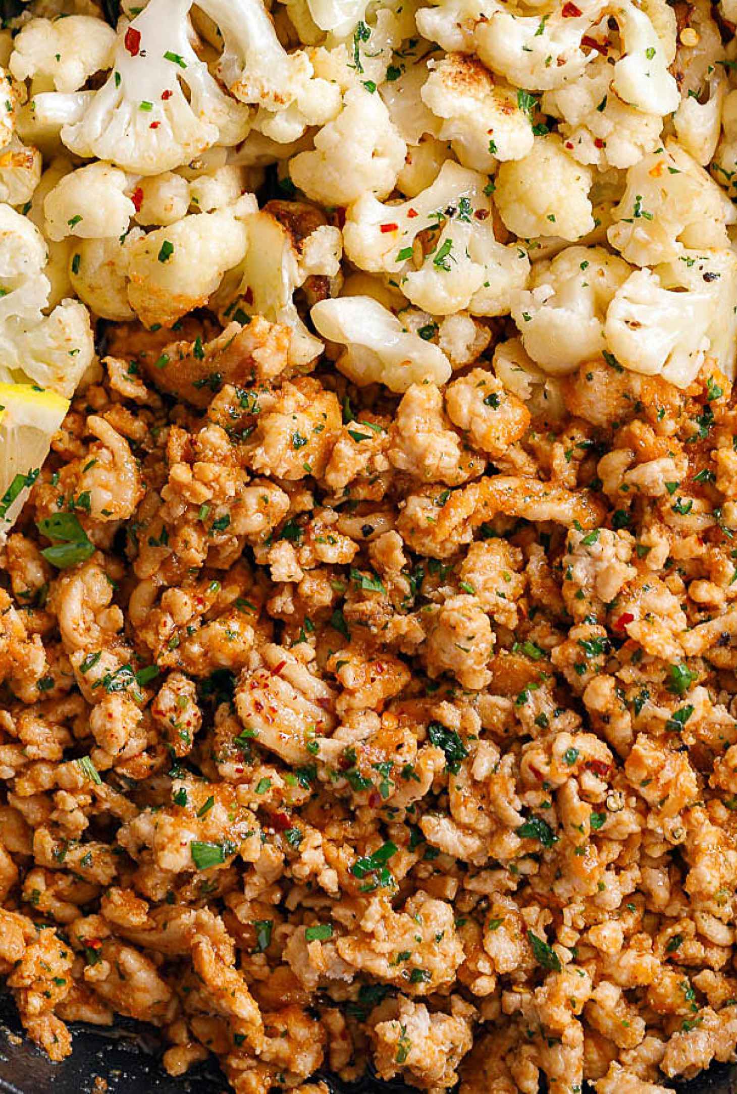 Garlic Butter Ground Turkey with Cauliflower Skillet - #recipe by #eatwell101 - https://www.eatwell101.com/garlic-butter-turkey-with-cauliflower-recipe