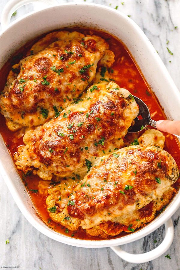 Parmesan Chicken Casserole and Cauliflower Steaks - #recipe by #eatwell101 - https://www.eatwell101.com/chicken-parmesan-and-cauliflower-steaks-casserole-recipe