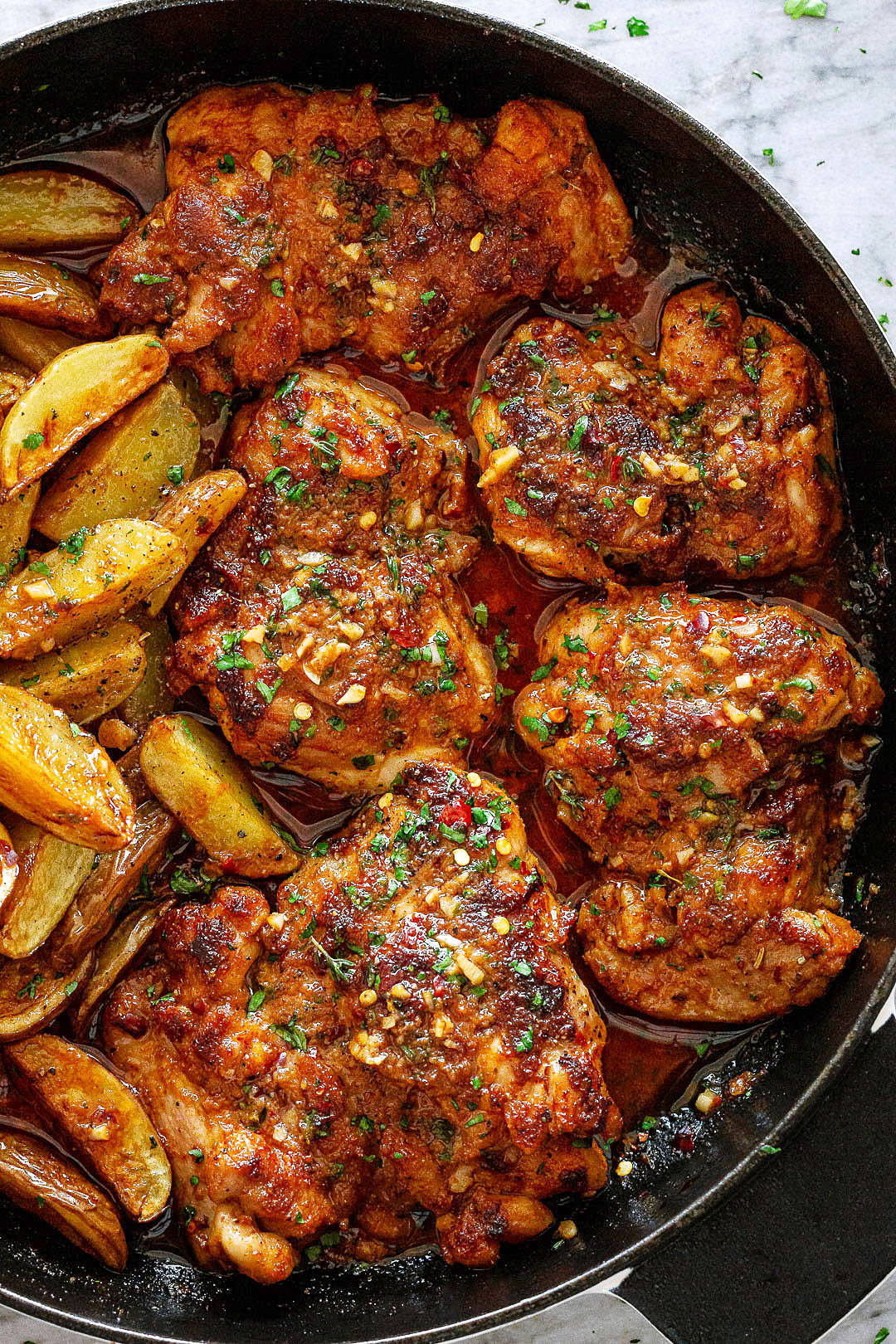 Garlic Butter Chicken Thighs with Baby Potatoes Skillet Recipe