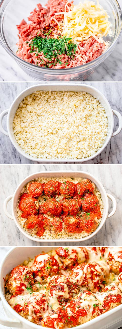 Cheesy Cauliflower Meatball Casserole - #meatballs #casserole #eatwell101 #recipe - Packed with flavor and so easy to throw together! 
